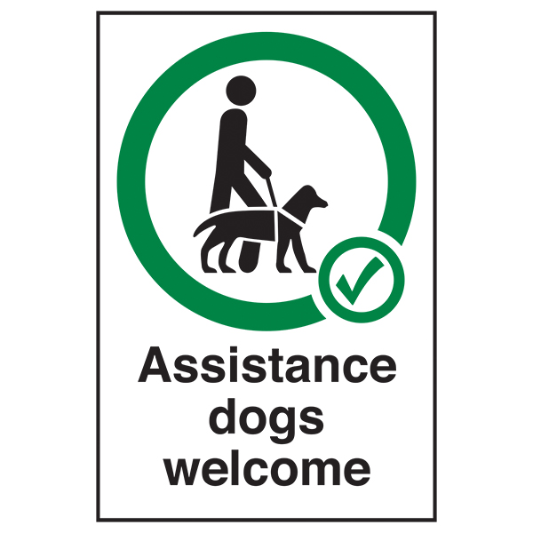 Sign detailing that Assistance Dogs are Welcome, with no specific organisation logo or mention. Inclusive and in line with the government and legal guidelines. 